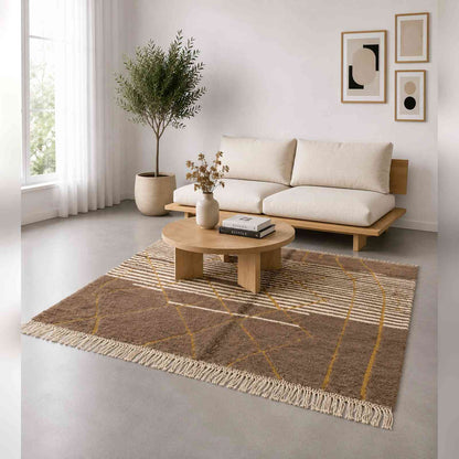 Tapis Mrirt bicolore écru et brun à tracés dorés