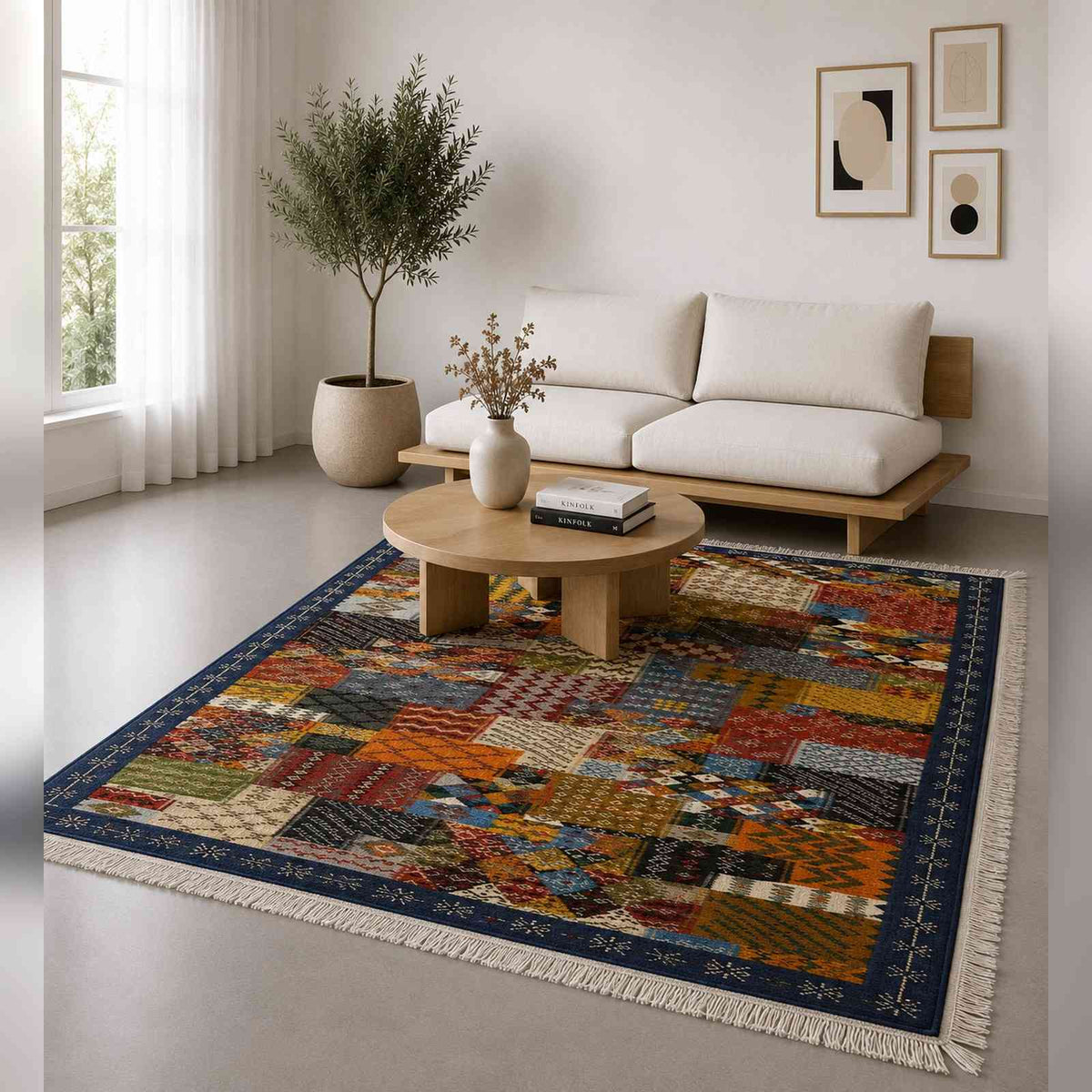 Tapis Jacquard patchwork dense à bordure bleu marine