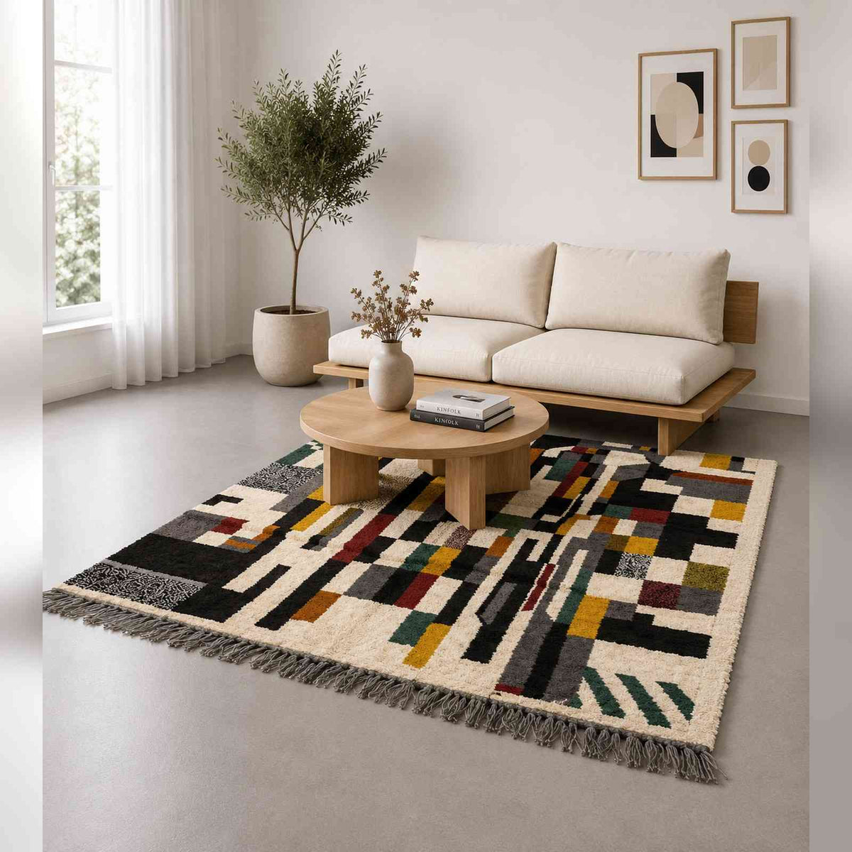 Tapis Mrirt écru à mosaïque de blocs colorés