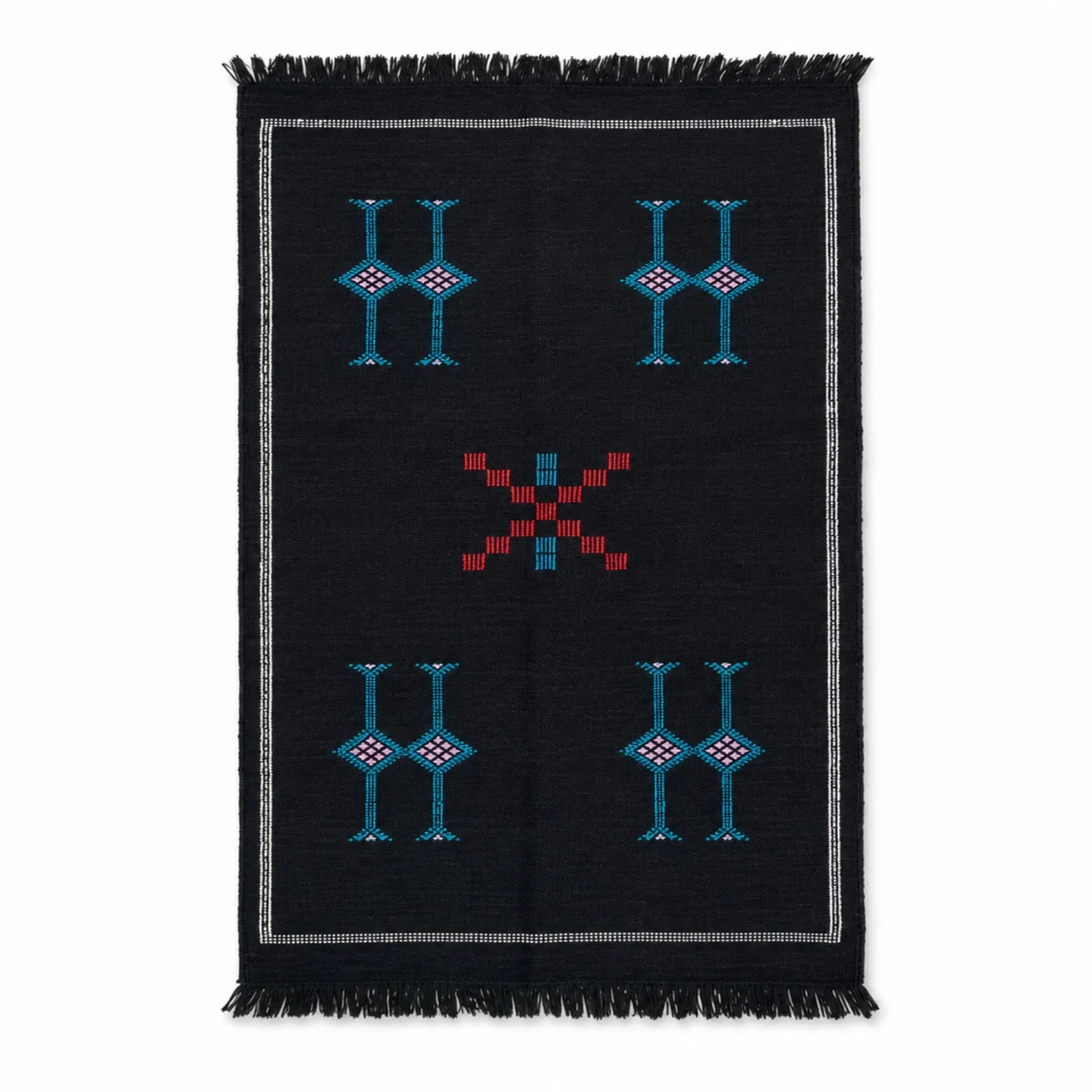 Tapis Akhnif noir aux symboles berbères turquoise