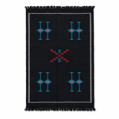 Tapis Akhnif noir aux symboles berbères turquoise