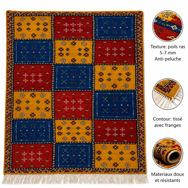 Tapis Akhnif patchwork rouge, bleu et ocre à motifs berbères