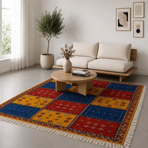 Tapis Akhnif patchwork rouge, bleu et ocre à motifs berbères