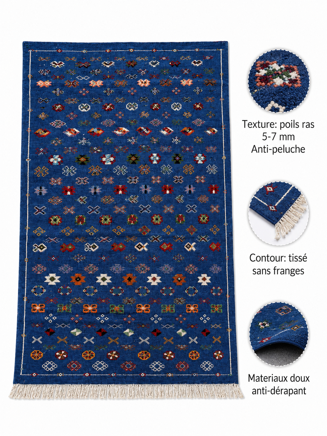 Tapis Akhnif bleu cobalt à semis de symboles berbères