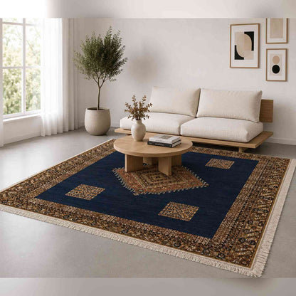 Tapis Aït Ouaouzguite bleu marine à médaillon or central