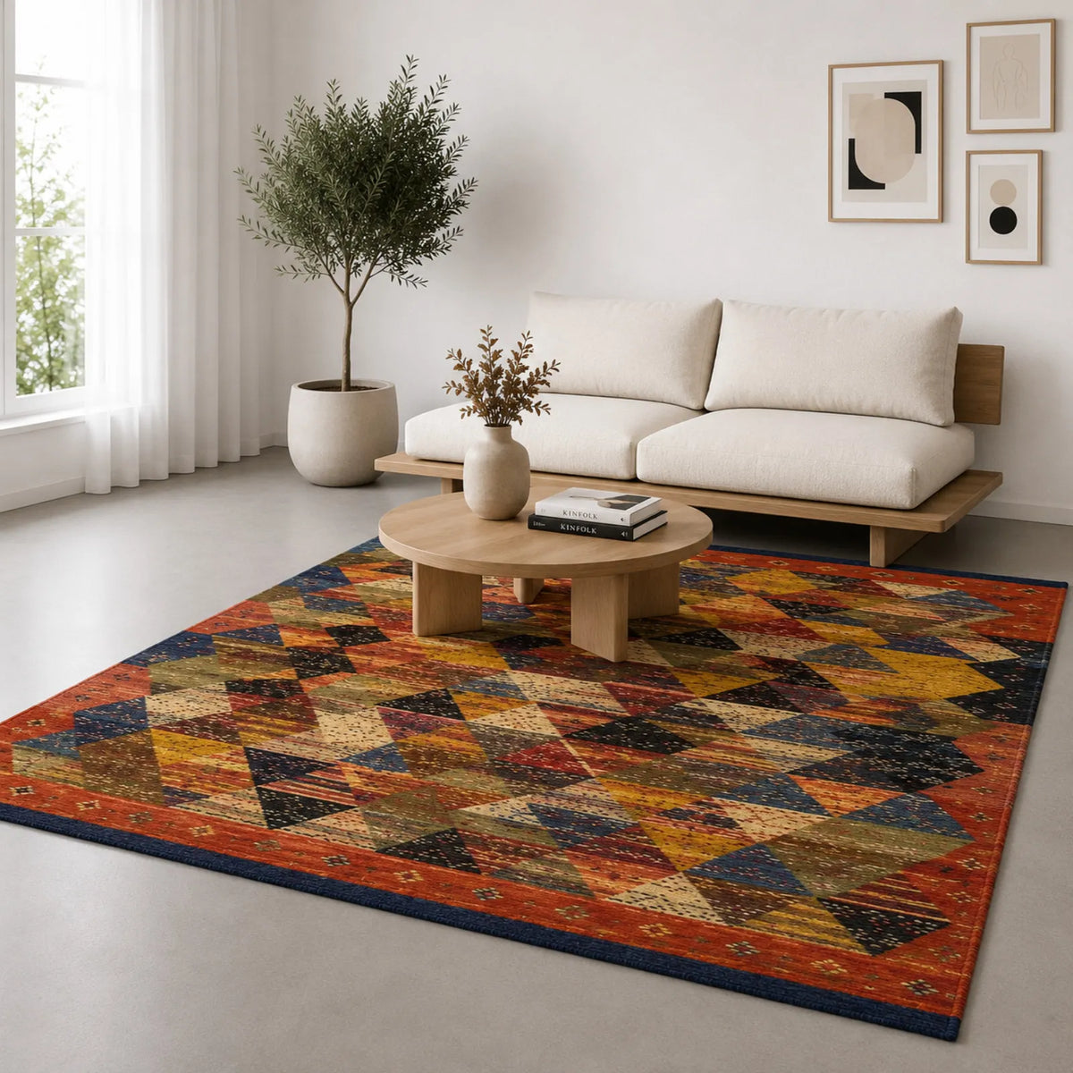 Tapis Jacquard mosaïque terracotta et bleu nuit