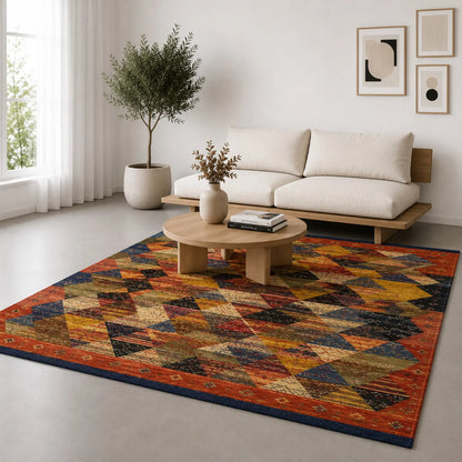 Tapis Jacquard mosaïque terracotta et bleu nuit