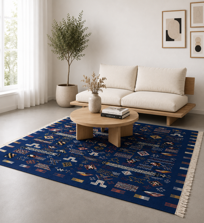 Infographie des caractéristiques d'un tapis Akhnif bleu : poils ras 5-7 mm, doux, anti-dérapant