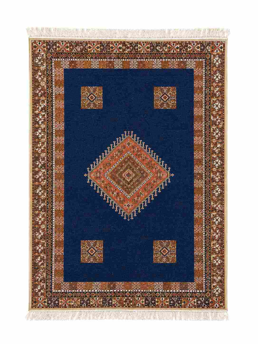 Tapis Akhnif bleu nuit à médaillon central terracotta et bordure ornée, poils ras, vue de dessus