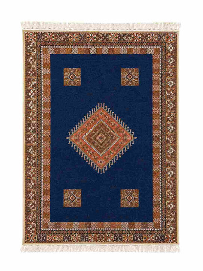 Tapis Akhnif bleu nuit à médaillon central terracotta et bordure ornée, poils ras, vue de dessus