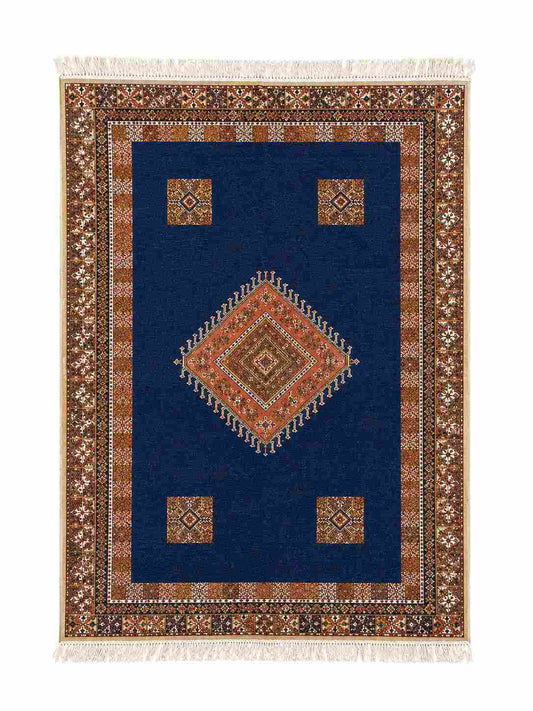 Tapis Akhnif bleu nuit à médaillon central terracotta et bordure ornée, poils ras, vue de dessus