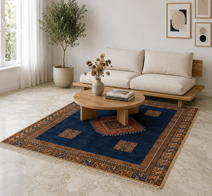 Tapis Akhnif bleu nuit à médaillon dans un salon élégant et chaleureux