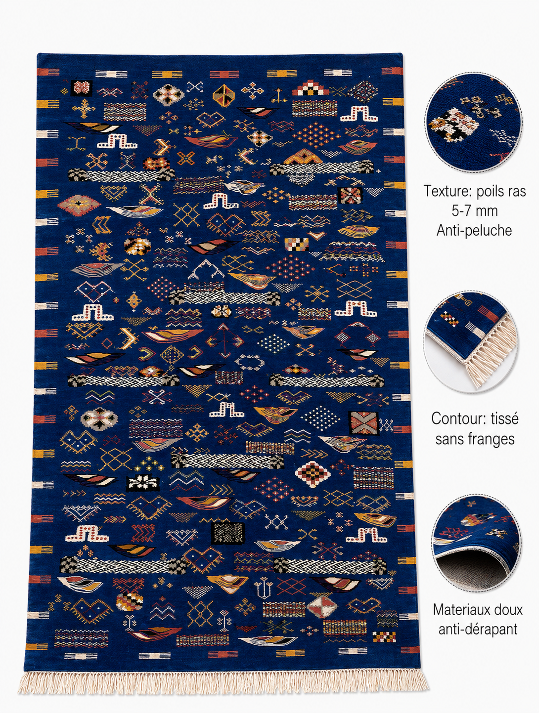Infographie des caractéristiques d'un tapis Akhnif bleu roi : poils ras 5-7 mm, doux, anti-dérapant