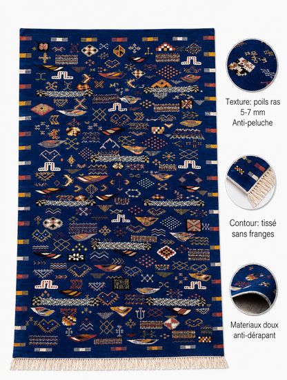 Infographie des caractéristiques d'un tapis Akhnif bleu roi : poils ras 5-7 mm, doux, anti-dérapant