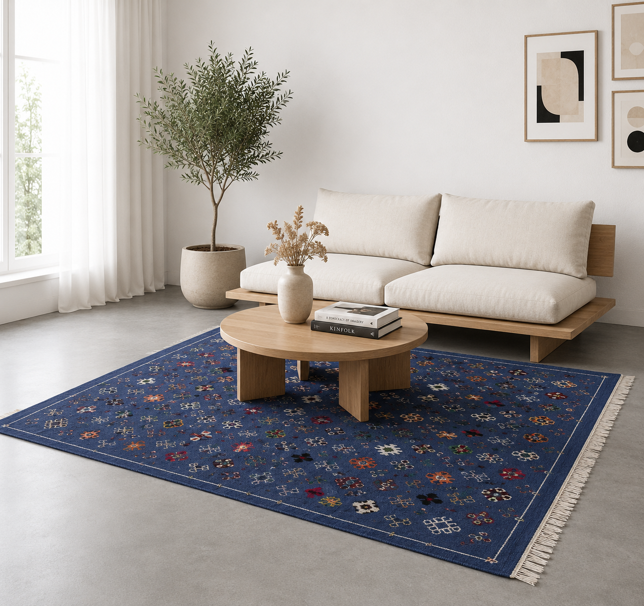 Tapis Akhnif bleu roi dans un salon bohème lumineux
