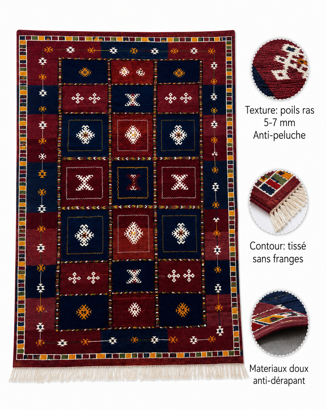 Infographie des caractéristiques d'un tapis Akhnif à caissons : poils ras 5-7 mm, doux, anti-dérapant