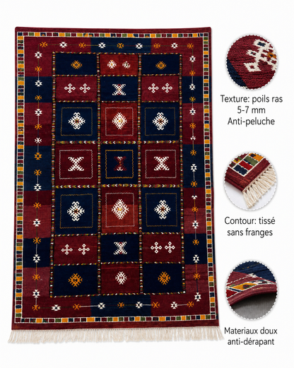 Infographie des caractéristiques d'un tapis Akhnif à caissons : poils ras 5-7 mm, doux, anti-dérapant