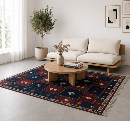 Tapis Akhnif bordeaux et bleu à caissons dans un salon chaleureux et élégant