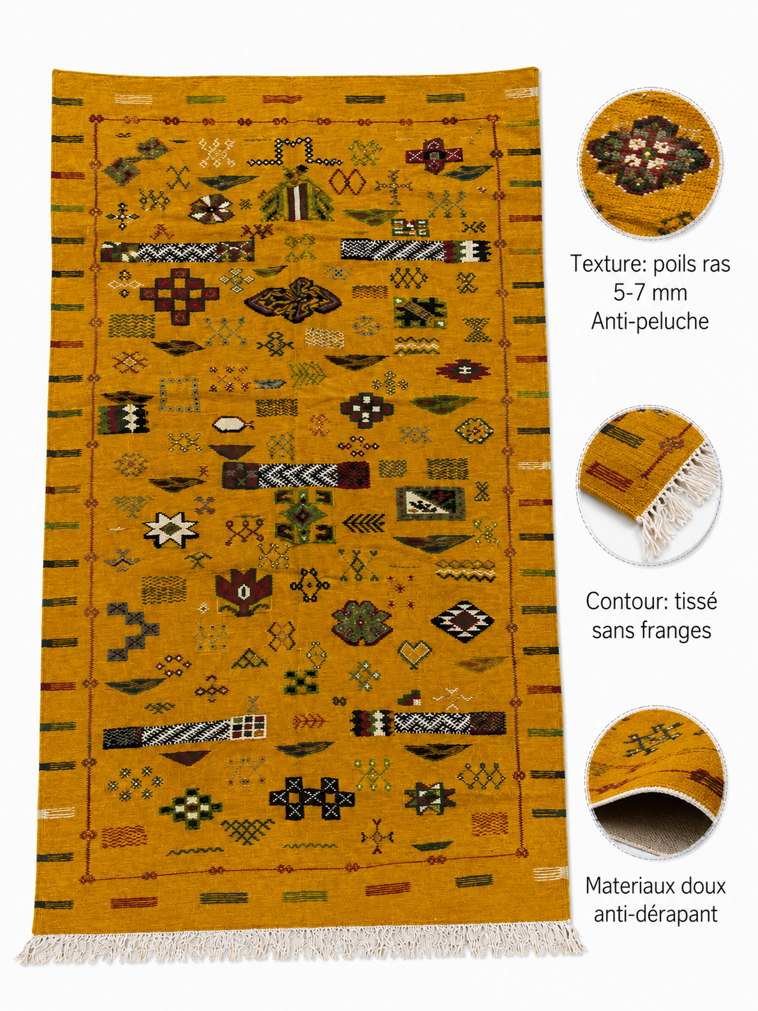 Infographie des caractéristiques d'un tapis Akhnif moutarde : poils ras 5-7 mm, doux, anti-dérapant