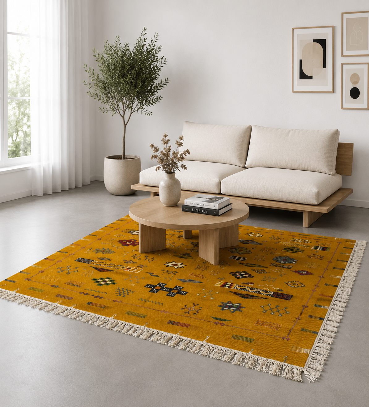 Tapis Akhnif jaune moutarde dans un salon bohème chaleureux
