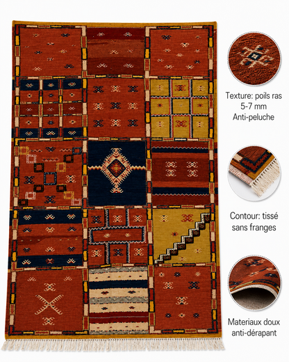 Infographie des caractéristiques d'un tapis Akhnif patchwork : poils ras 5-7 mm, doux, anti-dérapant