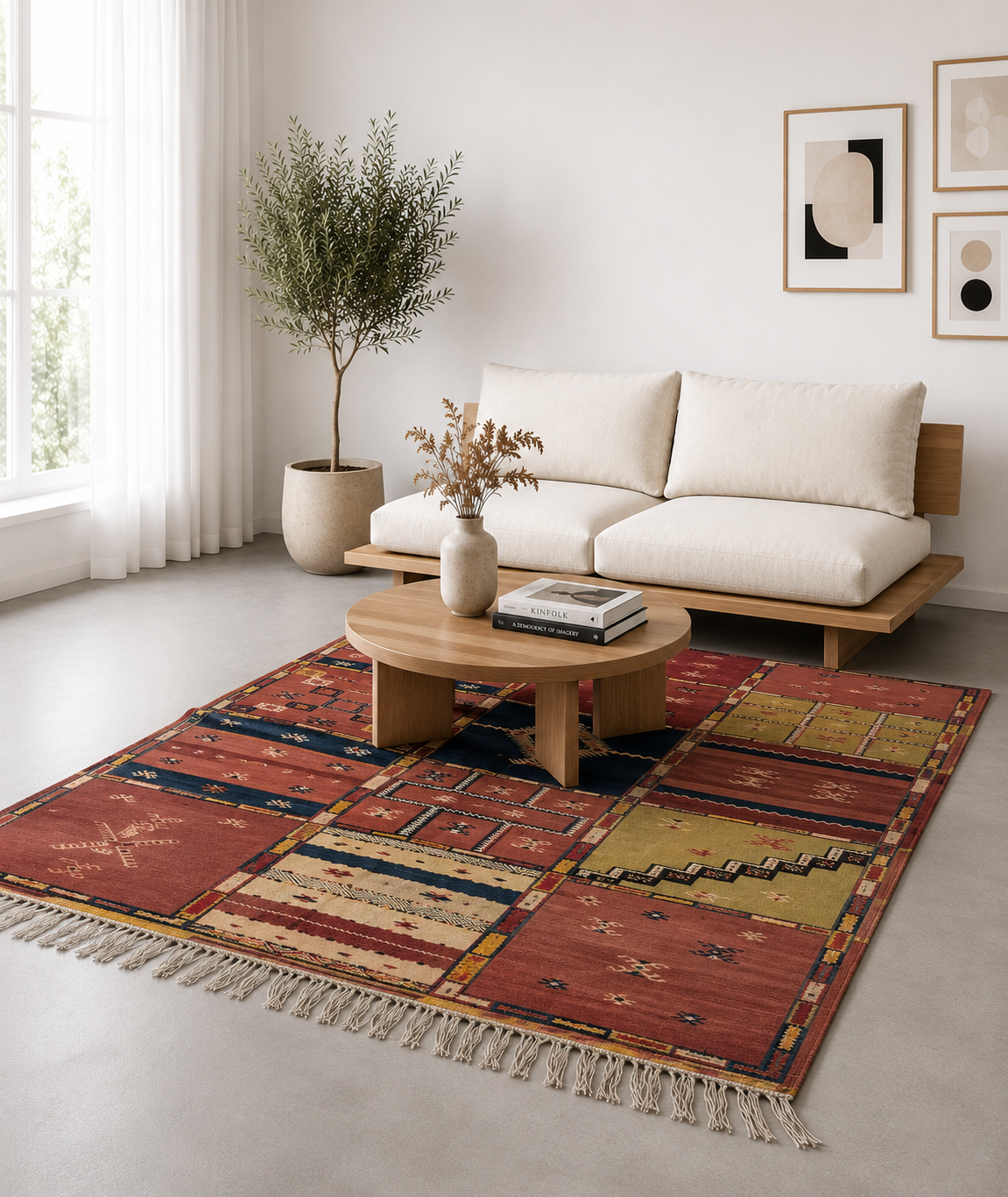 Tapis Akhnif patchwork multicolore dans un salon bohème chaleureux