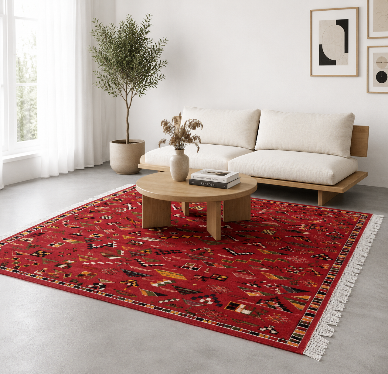 Infographie des caractéristiques d'un tapis Akhnif rouge : poils ras 5-7 mm, doux, anti-dérapant