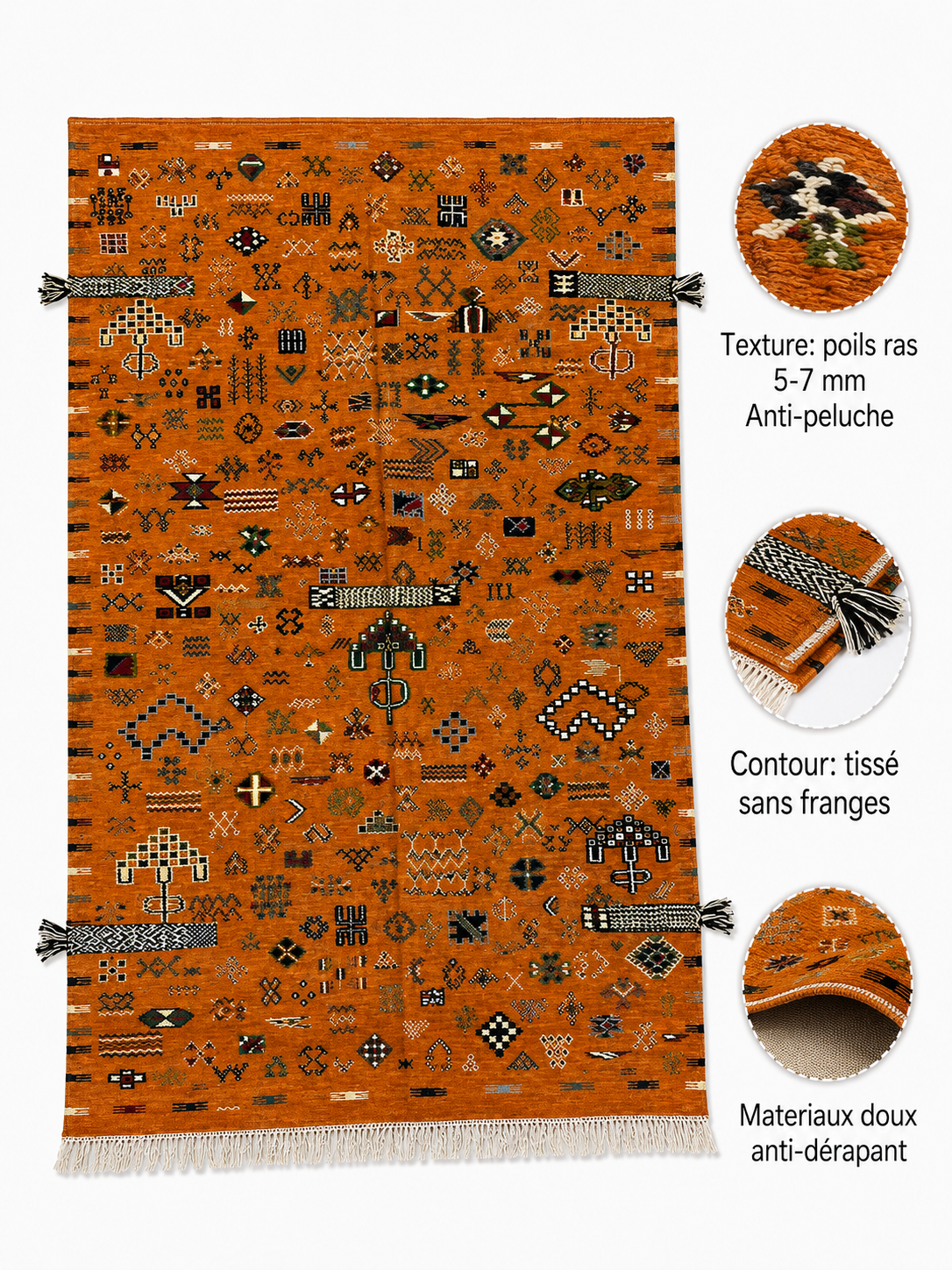 Infographie des caractéristiques d'un tapis Akhnif rouille : poils ras 5-7 mm, doux, anti-dérapant