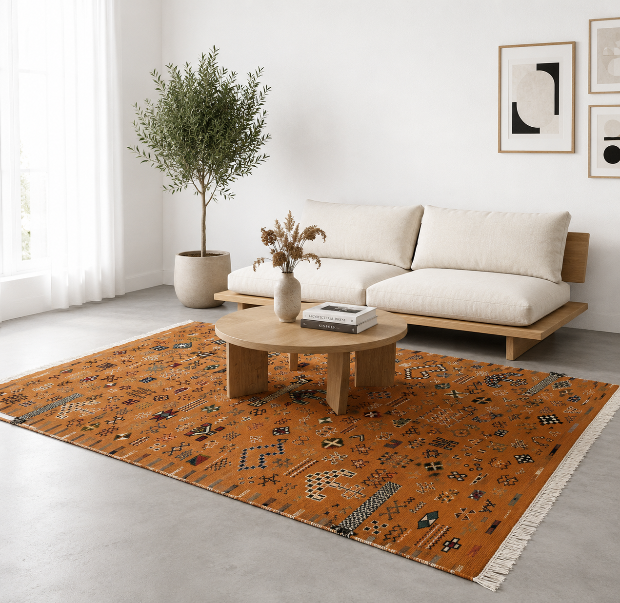Tapis Akhnif orange rouille dans un salon bohème chaleureux