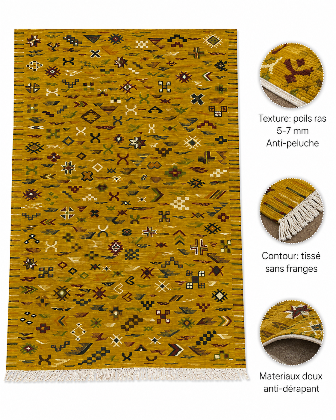 Infographie des caractéristiques d'un tapis Akhnif safran : poils ras 5-7 mm, doux, anti-dérapant