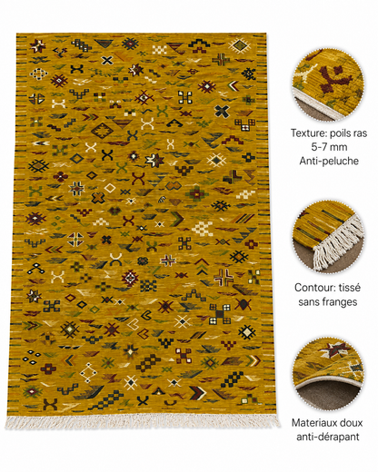 Infographie des caractéristiques d'un tapis Akhnif safran : poils ras 5-7 mm, doux, anti-dérapant