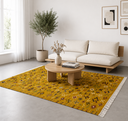 Tapis Akhnif safran dans un salon bohème lumineux avec canapé beige et olivier