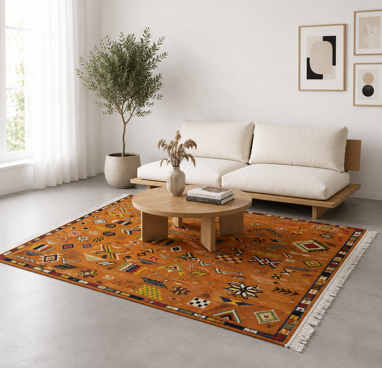 Tapis Akhnif orange terracotta dans un salon bohème chaleureux