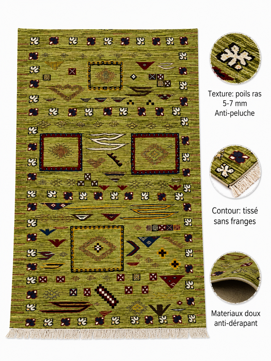Infographie des caractéristiques d'un tapis Akhnif vert anis : poils ras 5-7 mm, doux, anti-dérapant