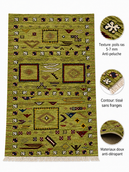 Infographie des caractéristiques d'un tapis Akhnif vert anis : poils ras 5-7 mm, doux, anti-dérapant