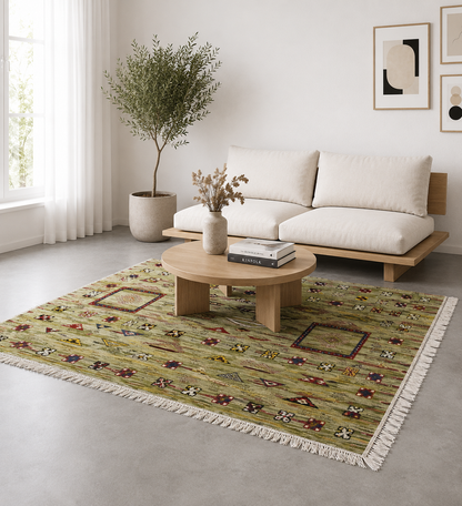Tapis Akhnif vert anis dans un salon bohème lumineux et naturel