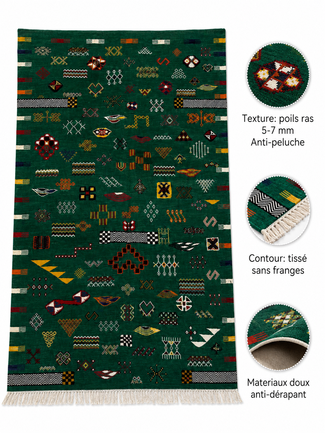 Infographie des caractéristiques d'un tapis Akhnif vert : poils ras 5-7 mm, doux, anti-dérapant