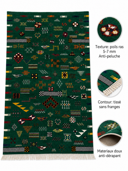 Infographie des caractéristiques d'un tapis Akhnif vert : poils ras 5-7 mm, doux, anti-dérapant