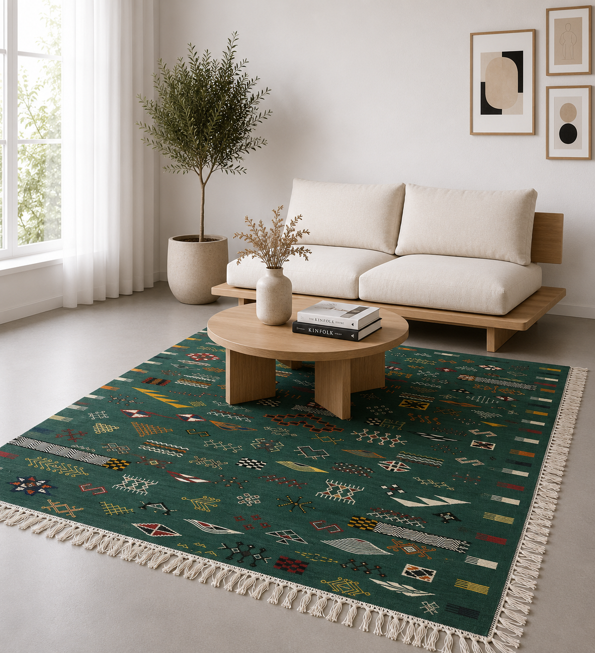 Tapis Akhnif vert émeraude dans un salon bohème chic avec mobilier clair