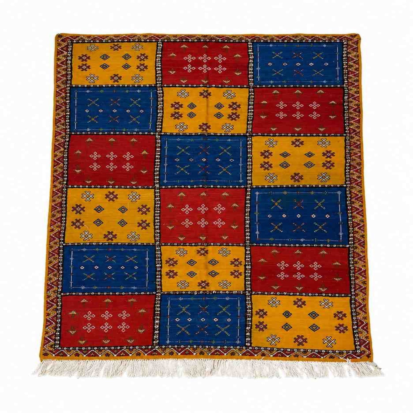 Tapis Akhnif patchwork rouge, bleu et ocre à motifs berbères