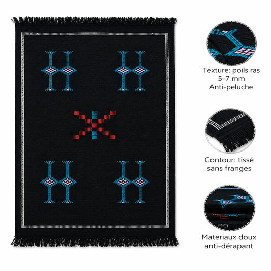 Tapis Akhnif noir aux symboles berbères turquoise