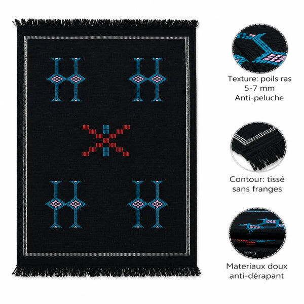 Tapis Akhnif noir aux symboles berbères turquoise