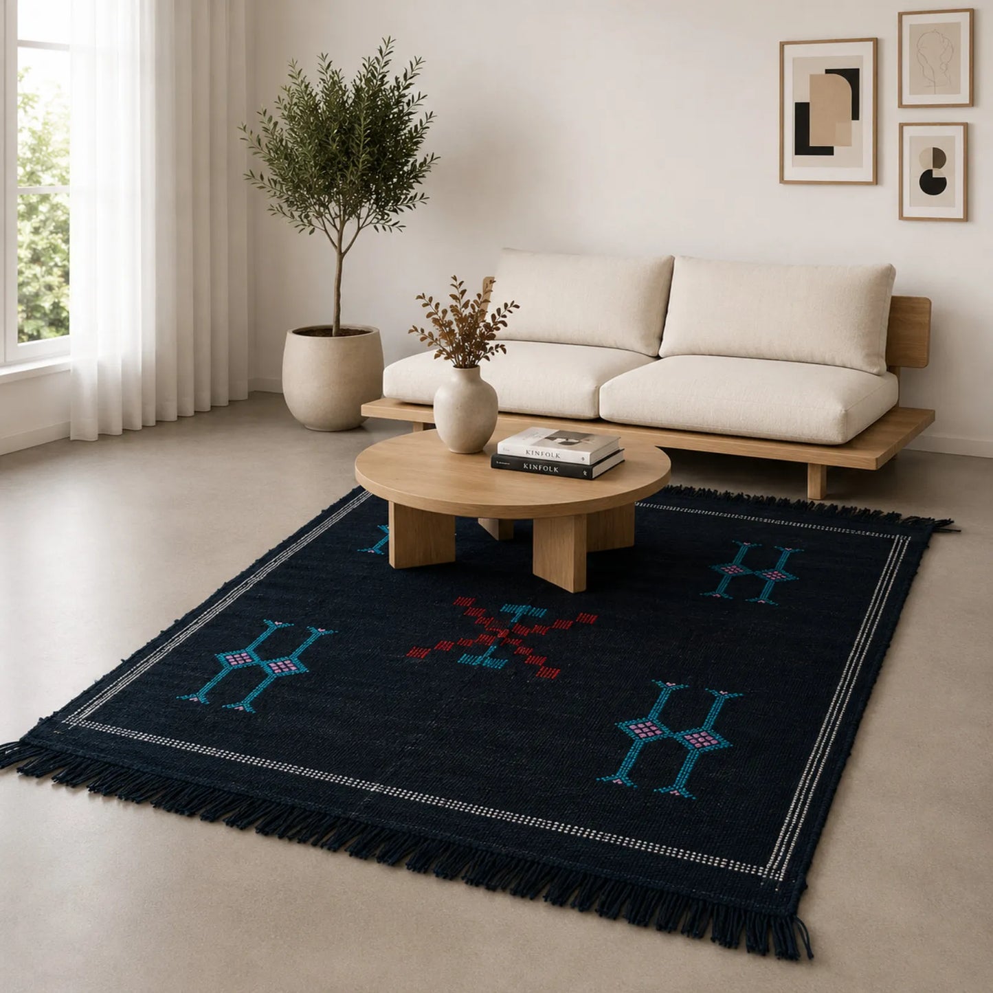 Tapis Akhnif noir aux symboles berbères turquoise