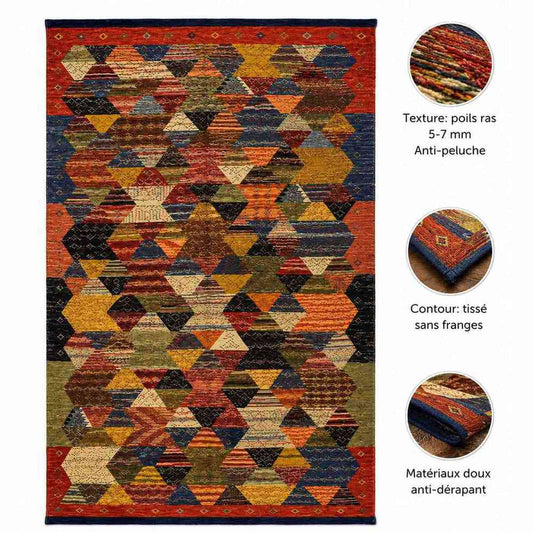 Tapis Jacquard mosaïque terracotta et bleu nuit