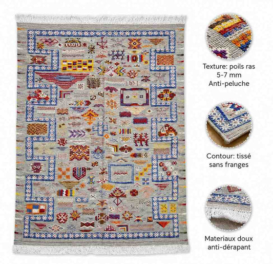 Tapis Kilim gris à motifs – tissé plat berbère polychrome
