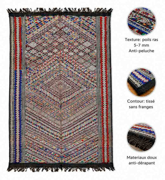 Détail de la bordure géométrique bleue et rouge d'un tapis Zayane tissé main