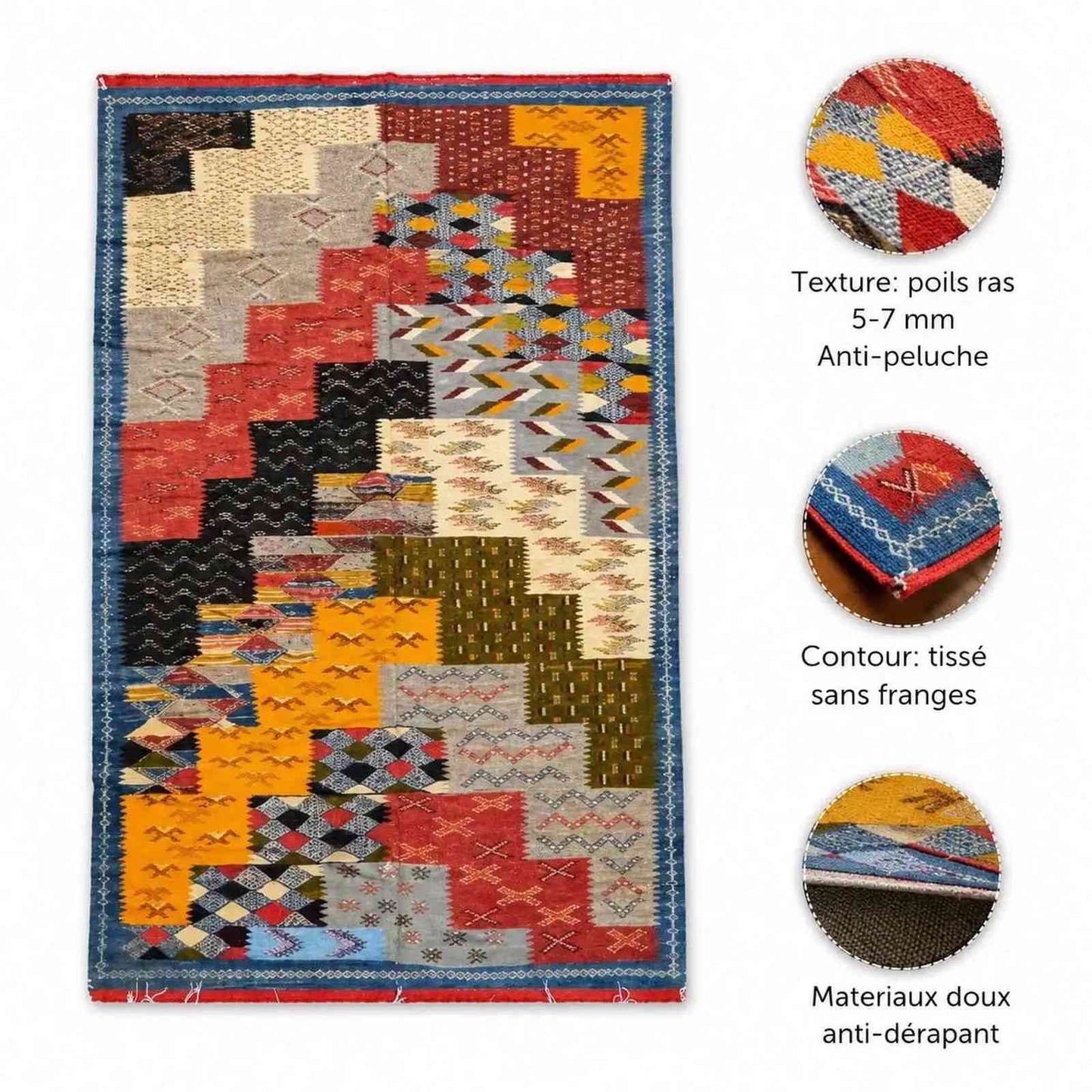 Tapis marocain multicolore – tissé plat design